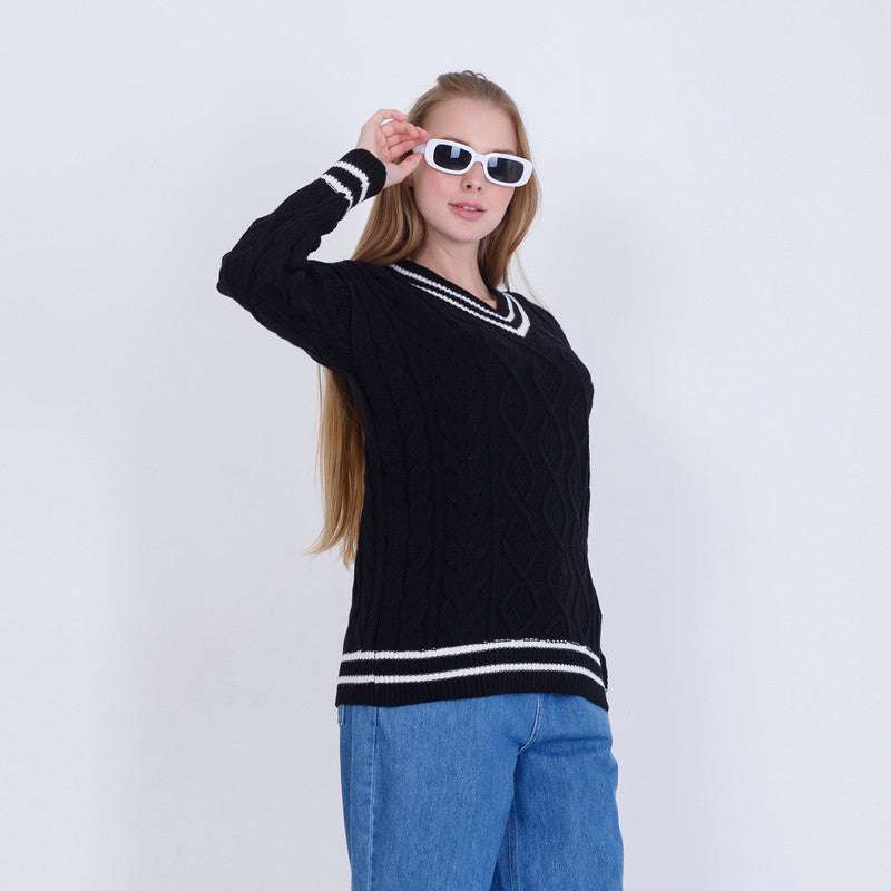 Black Knitted V Neck Pullover