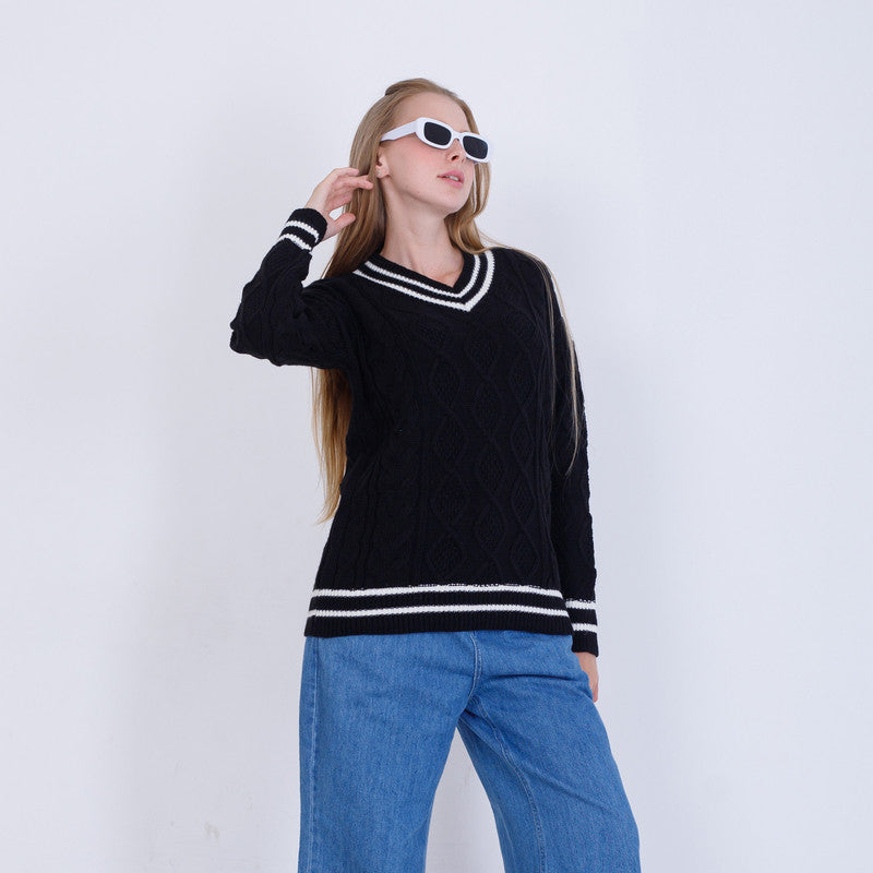 Black Knitted V Neck Pullover