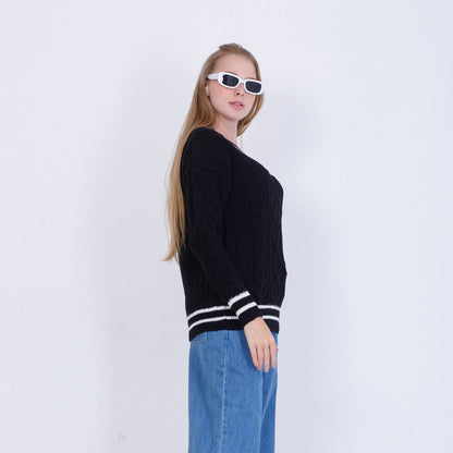 Black Knitted V Neck Pullover