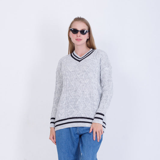 Silver Knitted V-Neck Pullover