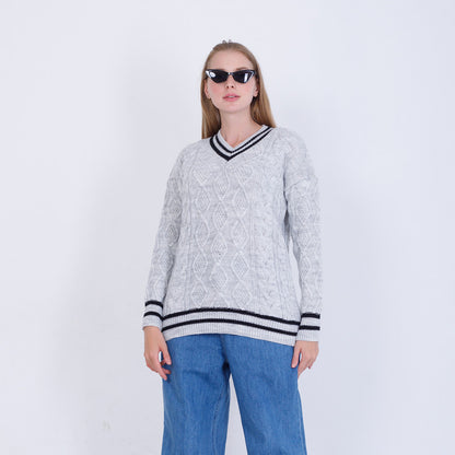 Silver Knitted V-Neck Pullover