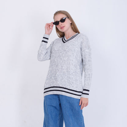 Silver Knitted V-Neck Pullover