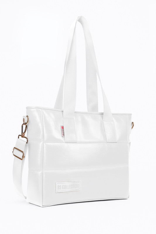 PU Leather Quilted Tote & Shoulder Bag – White