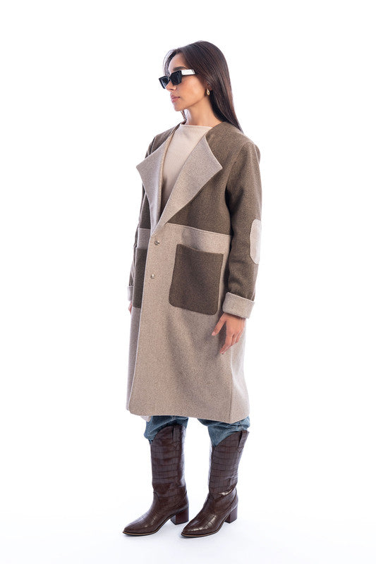 A two-tone wool-blend overcoat