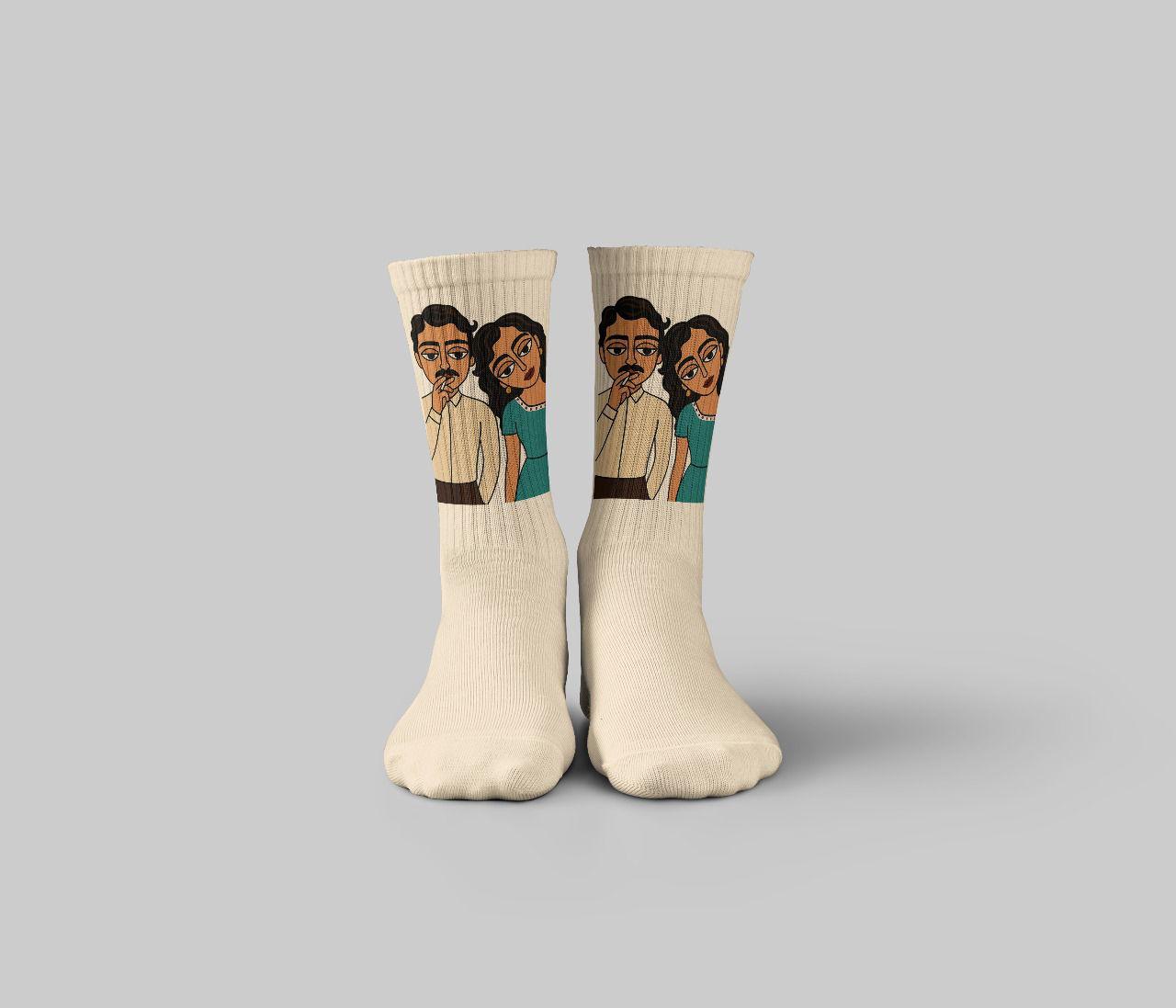 Cotton Cartoon Print Crew Socks – Beige