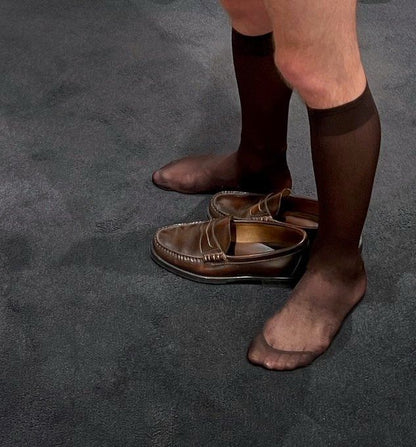 Nylon Sheer Mid-Calf Socks - Brown