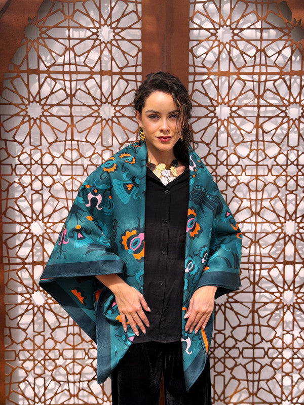 Parrot Double Face Square Shawl – Teal & Orange