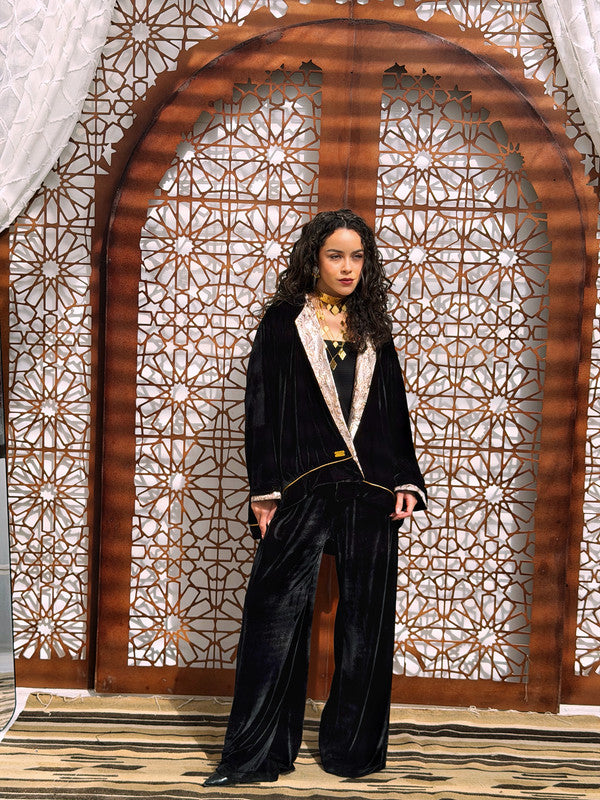 Korean Velvet Brocade Padded Two-Piece Set – Black