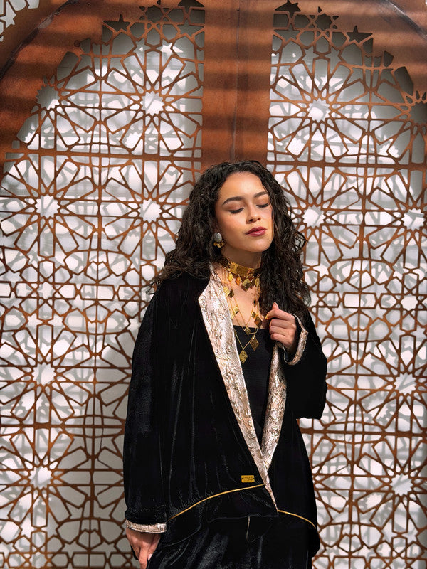 Brocade Trim Padded Velvet Jacket – Black