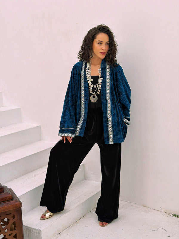 Indian Embroidered Velvet Kimono – Blue