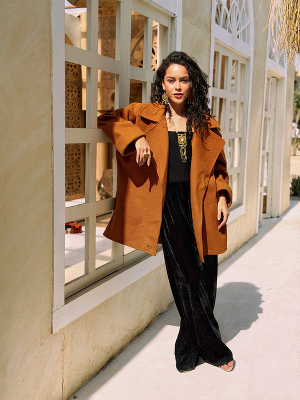 Oversized Glitter Wool Coat – Camel