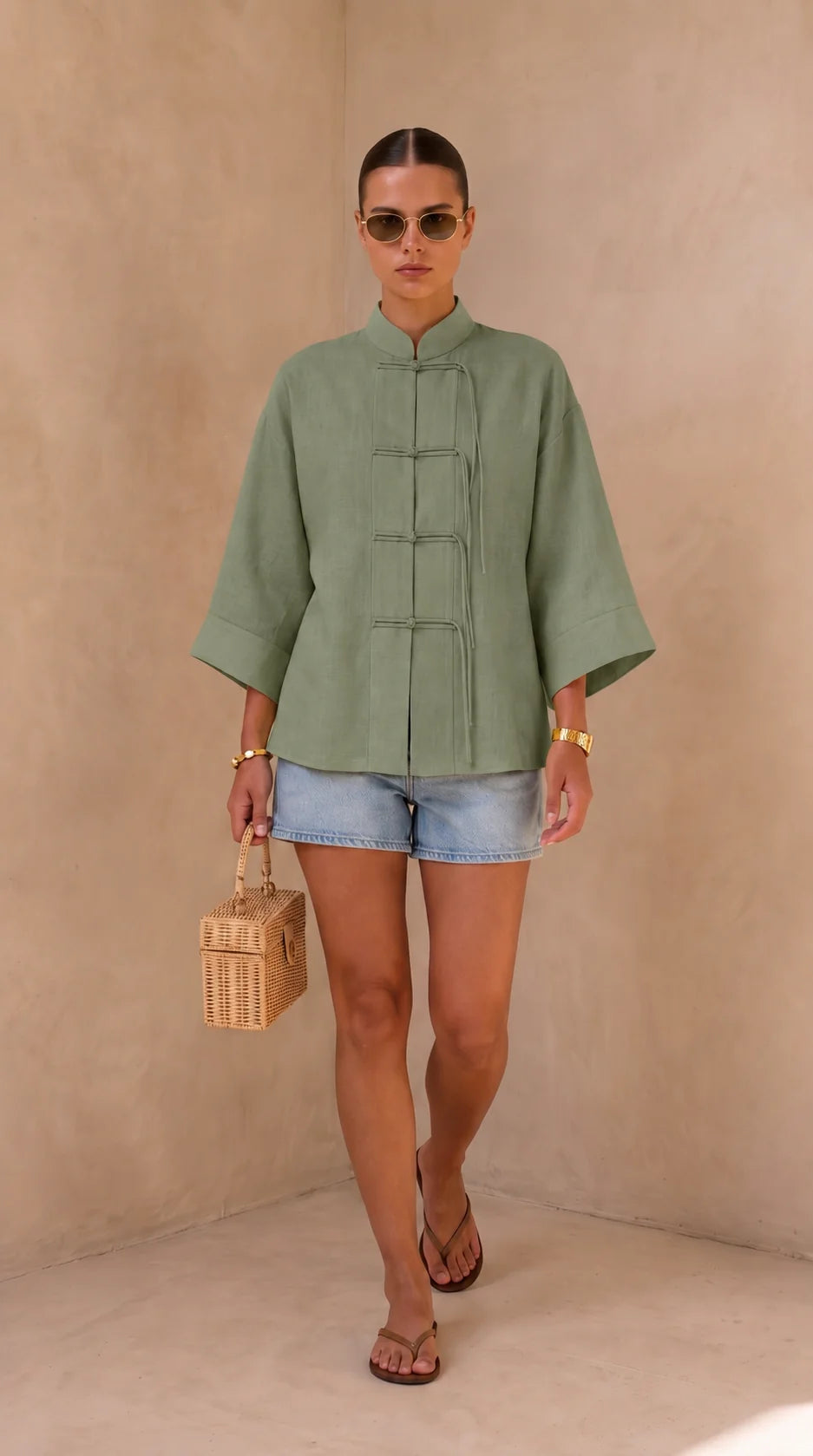 Chinese Cut Pleated Kimono – Olive Green