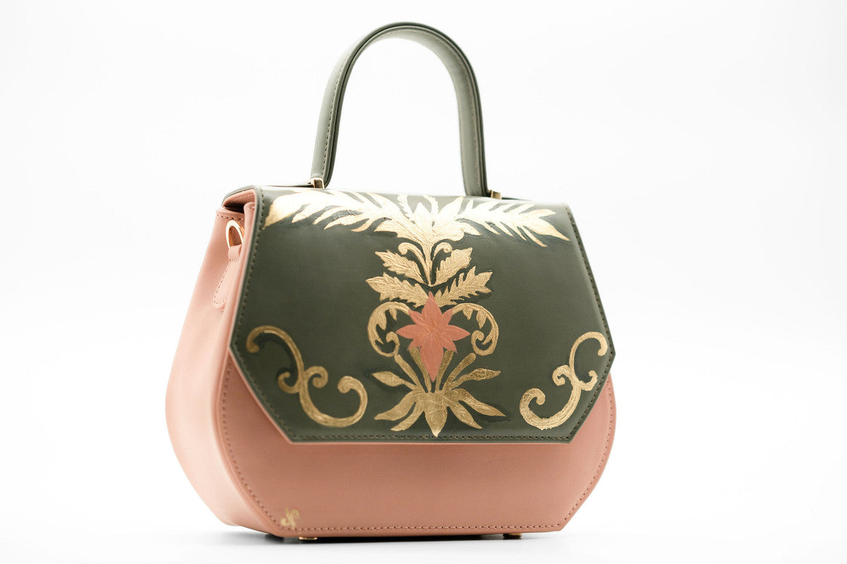 Faux Leather Hand-Bag - Dark Green & Nude Pink
