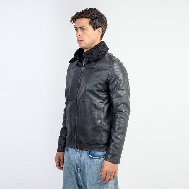 Antipeeling Sky Leather Jacket With Fur Collar