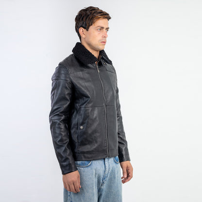 Antipeeling Sky Leather Jacket With Fur Collar