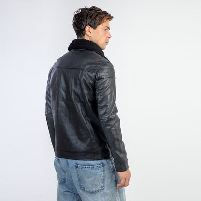 Antipeeling Sky Leather Jacket With Fur Collar