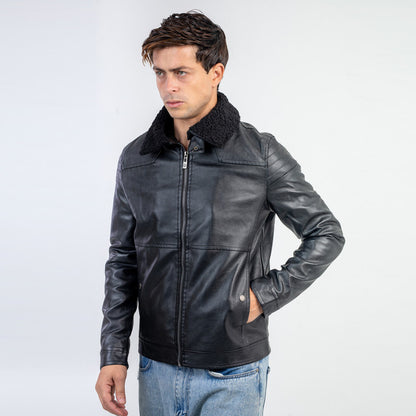 Antipeeling Sky Leather Jacket With Fur Collar