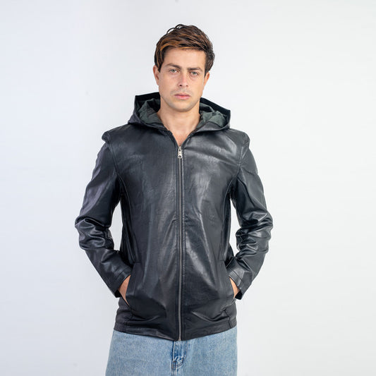 Antipeeling Sky Leather Jacket With Fur Lining And Hood