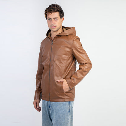 Antipeeling Sky Leather Jacket With Fur Lining And Hood