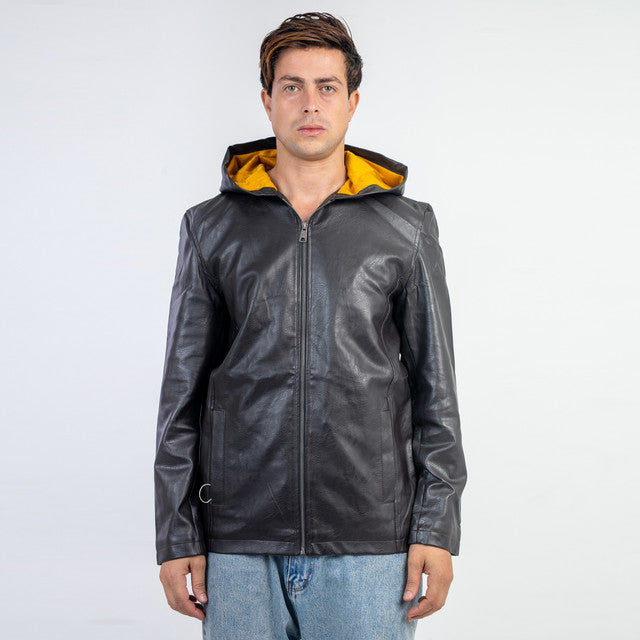 Antipeeling Sky Leather Jacket With Fur Lining And Hood