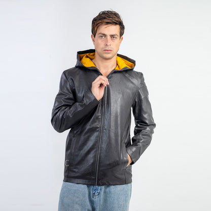 Antipeeling Sky Leather Jacket With Fur Lining And Hood