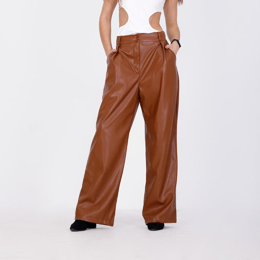 Wide Leg Leather Pants - Camel