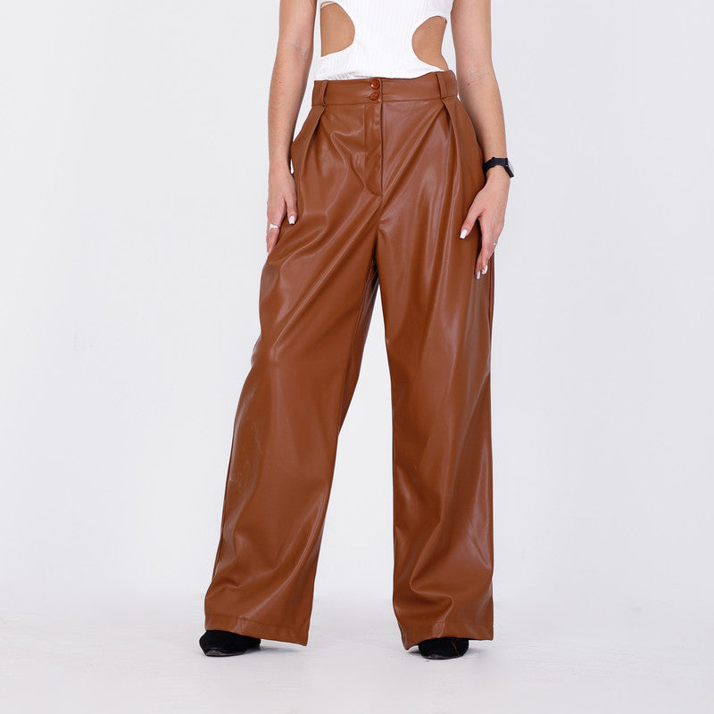 Wide Leg Leather Pants - Camel