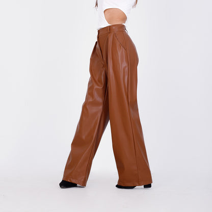 Wide Leg Leather Pants - Camel