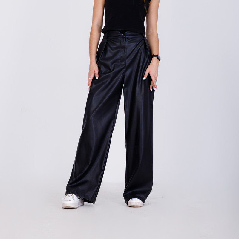 Wide Leg Leather Pants - Black