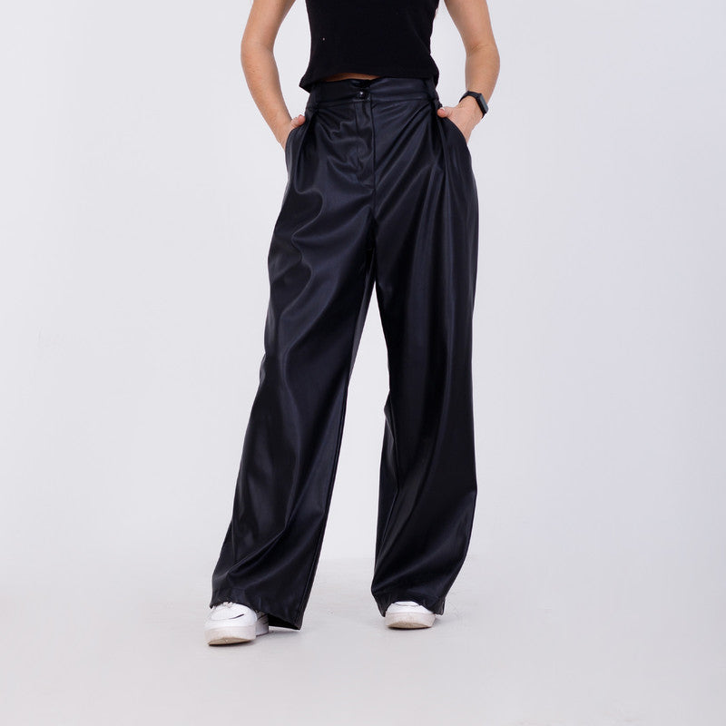 Wide Leg Leather Pants - Black