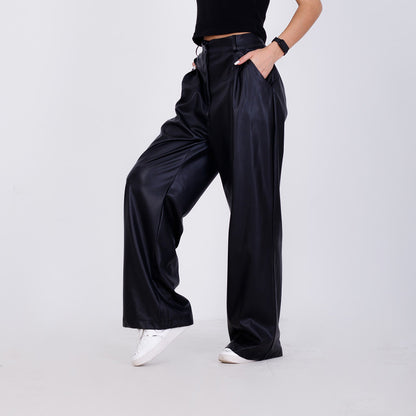 Wide Leg Leather Pants - Black