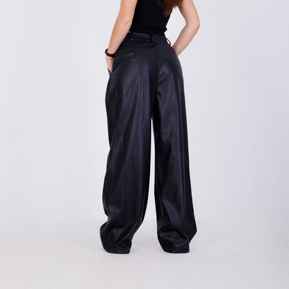 Wide Leg Leather Pants - Black