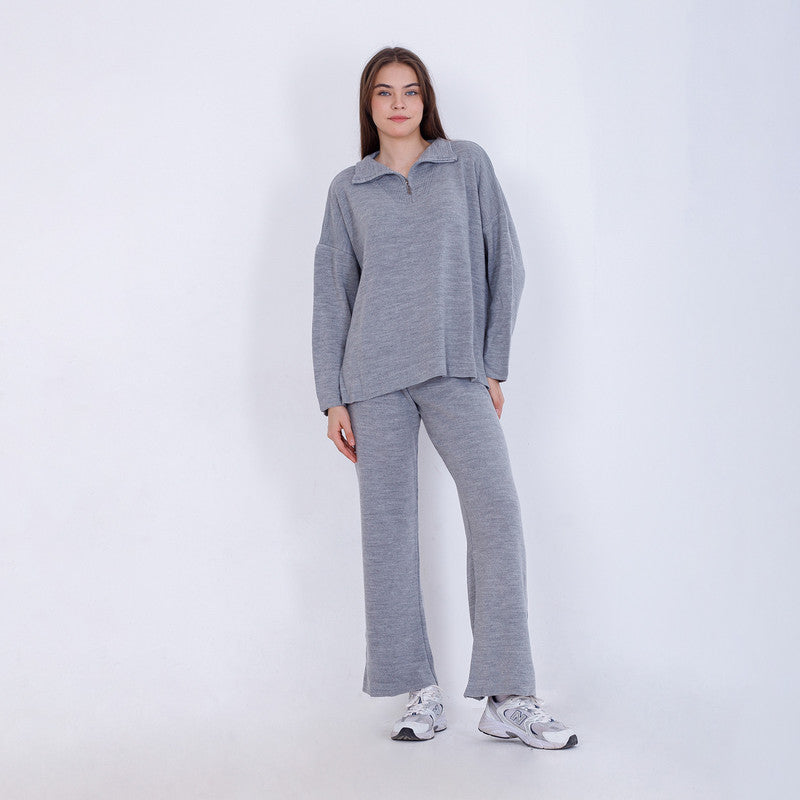 Knitted Plain Suit with Zipper - Grey