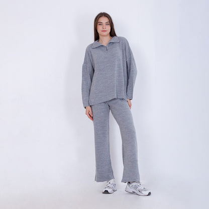 Knitted Plain Suit with Zipper - Grey