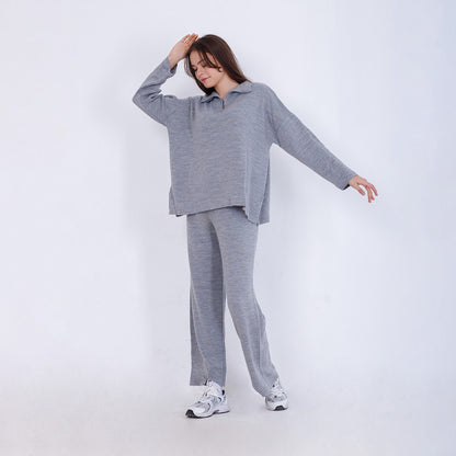 Knitted Plain Suit with Zipper - Grey