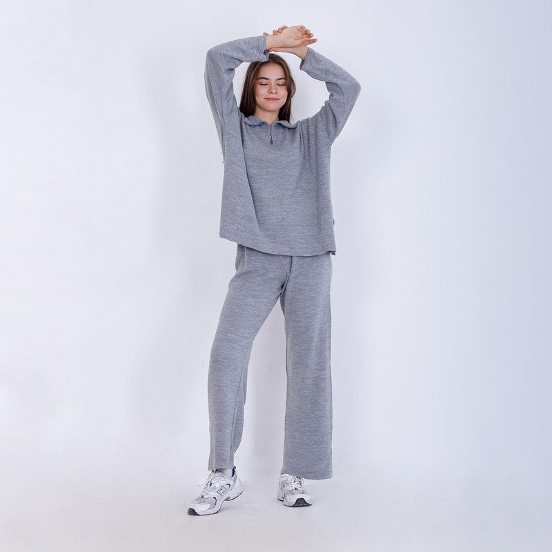 Knitted Plain Suit with Zipper - Grey