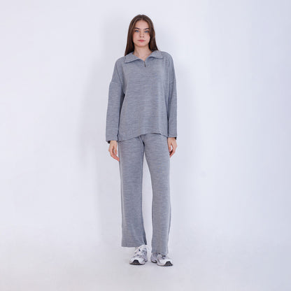 Knitted Plain Suit with Zipper - Grey