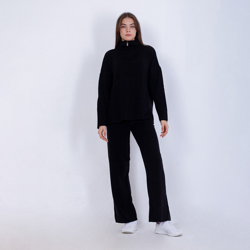 Knitted Plain Suit with Zipper- Black