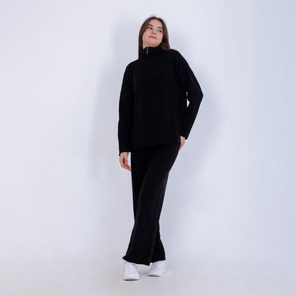 Knitted Plain Suit with Zipper- Black