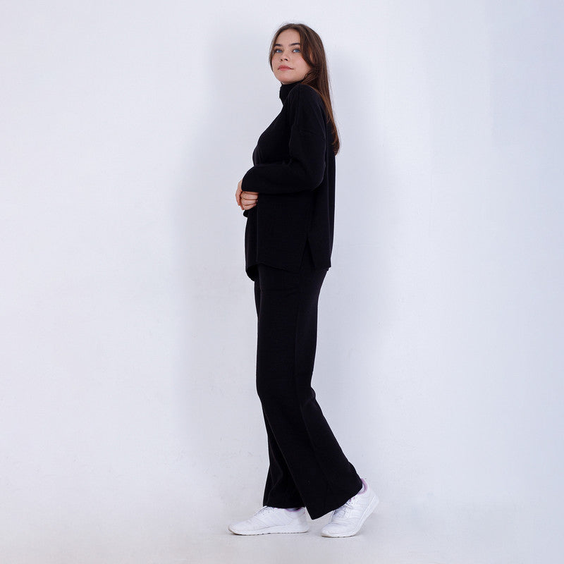 Knitted Plain Suit with Zipper- Black