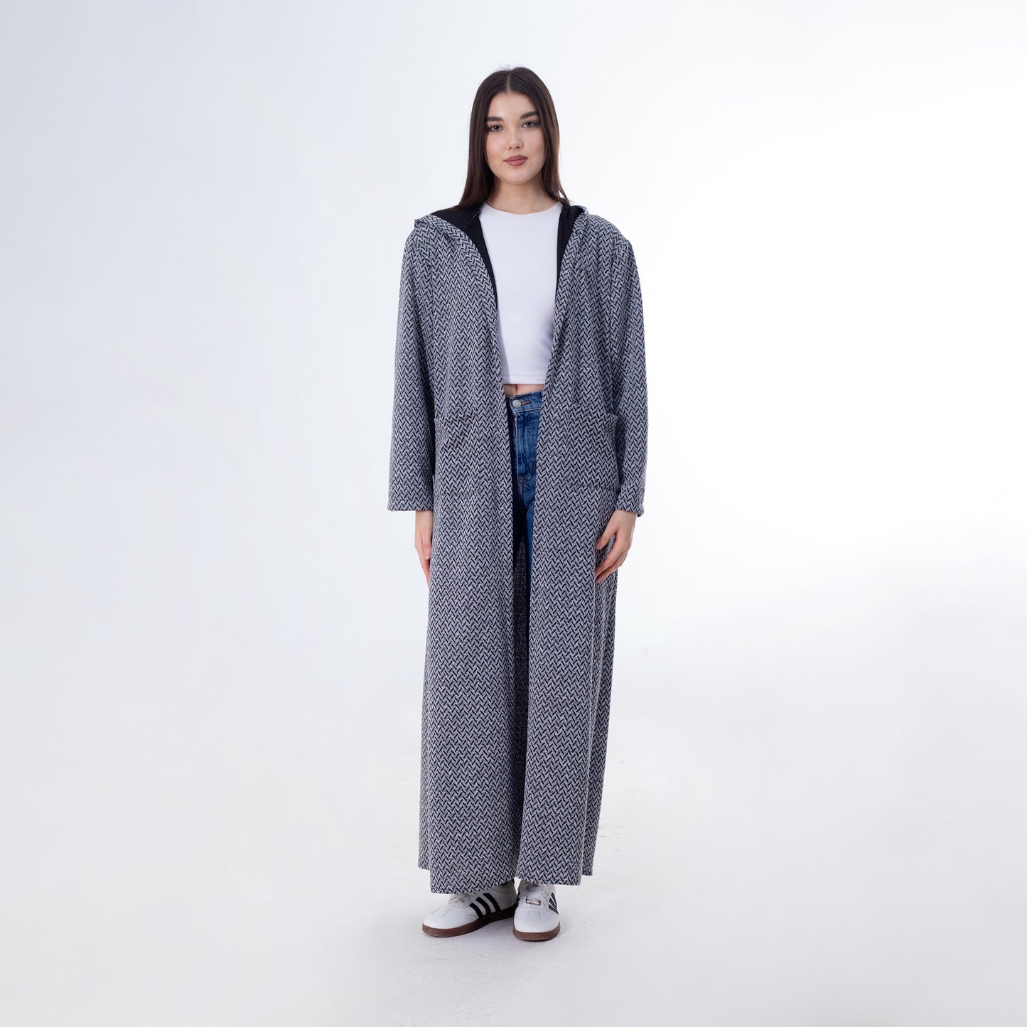 Wool Blend Geometric Pattern Hooded Maxi Cardigan – Grey