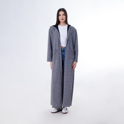 Wool Blend Geometric Pattern Hooded Maxi Cardigan – Grey