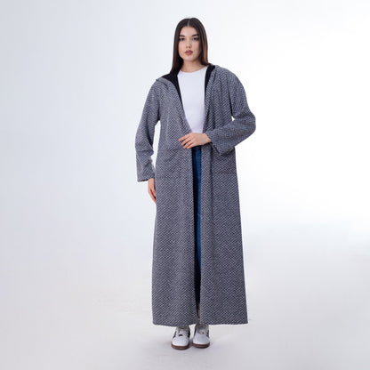 Wool Blend Geometric Pattern Hooded Maxi Cardigan – Grey