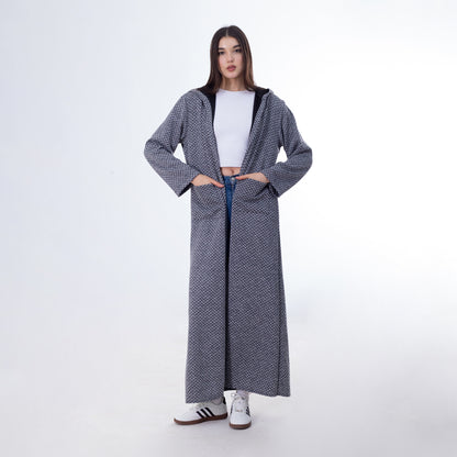 Wool Blend Geometric Pattern Hooded Maxi Cardigan – Grey