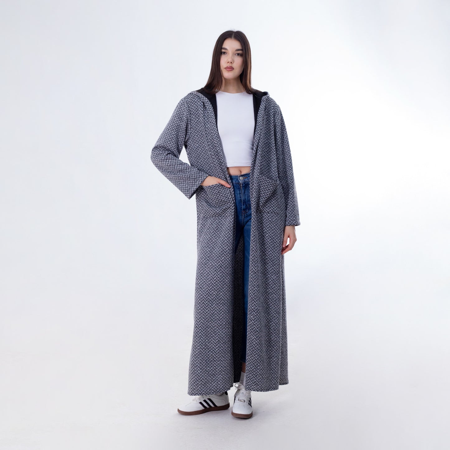 Wool Blend Geometric Pattern Hooded Maxi Cardigan – Grey
