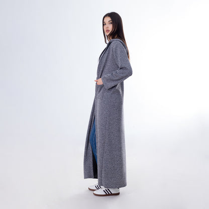 Wool Blend Geometric Pattern Hooded Maxi Cardigan – Grey