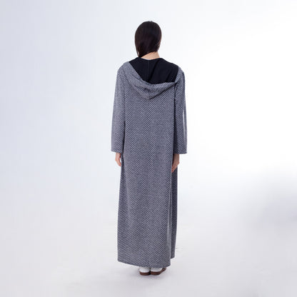 Wool Blend Geometric Pattern Hooded Maxi Cardigan – Grey