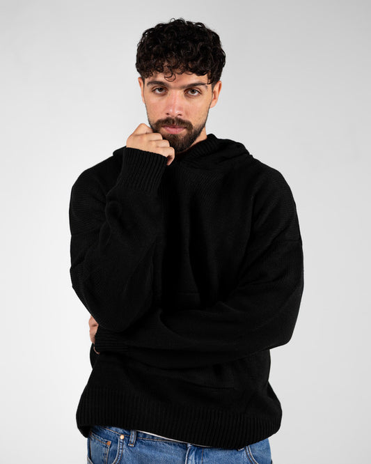 Cotton Knitted Tricot Oversized Hoodie – Black