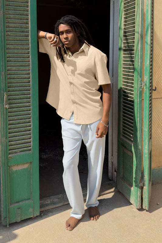 Beige Classic Short Sleeve Linen Shirt