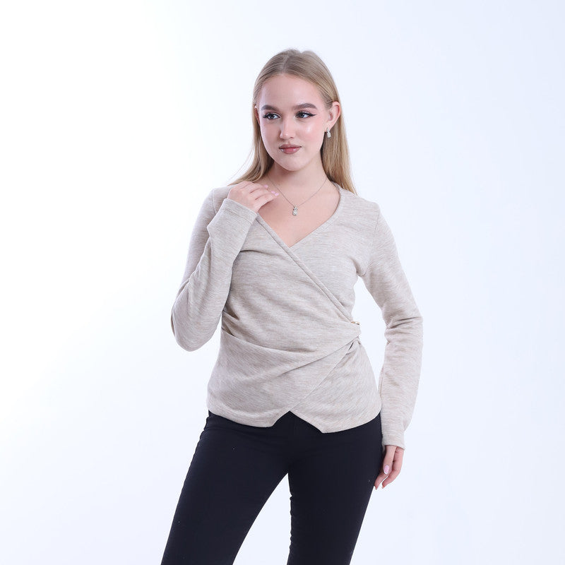 Soft Wool Solid Cross-Body Blouse – Beige